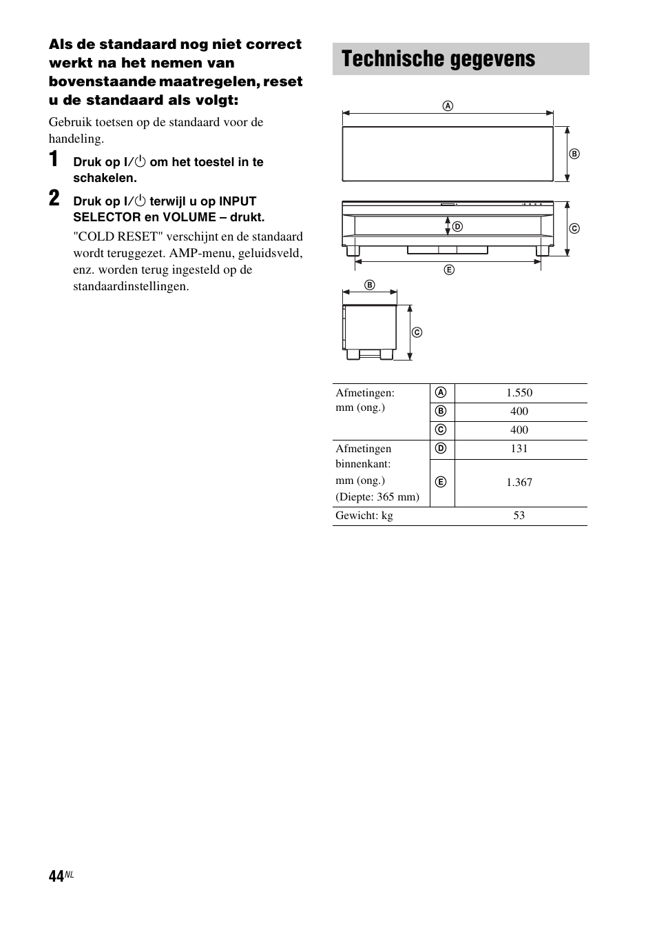Technische gegevens | Sony RHT-G1550 User Manual | Page 44 / 196