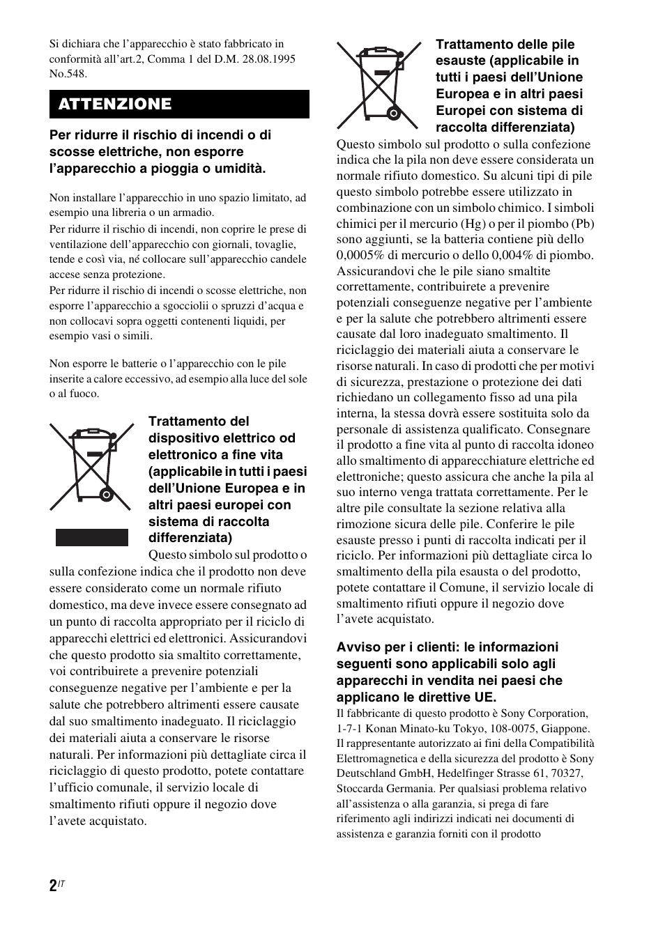 Attenzione | Sony RHT-G1550 User Manual | Page 50 / 196