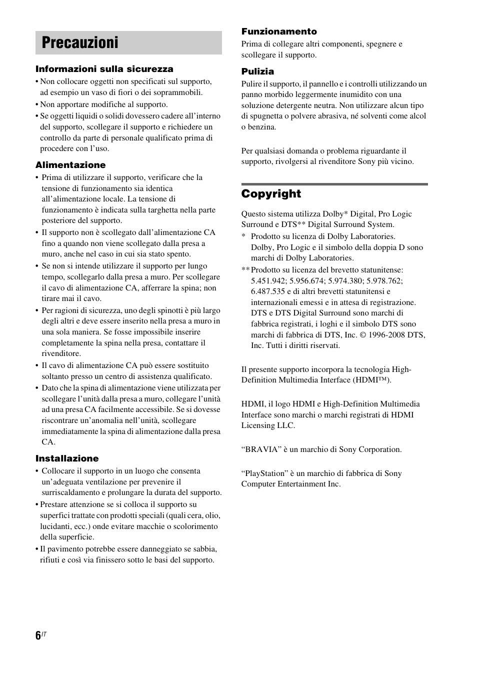 Precauzioni, Copyright | Sony RHT-G1550 User Manual | Page 54 / 196