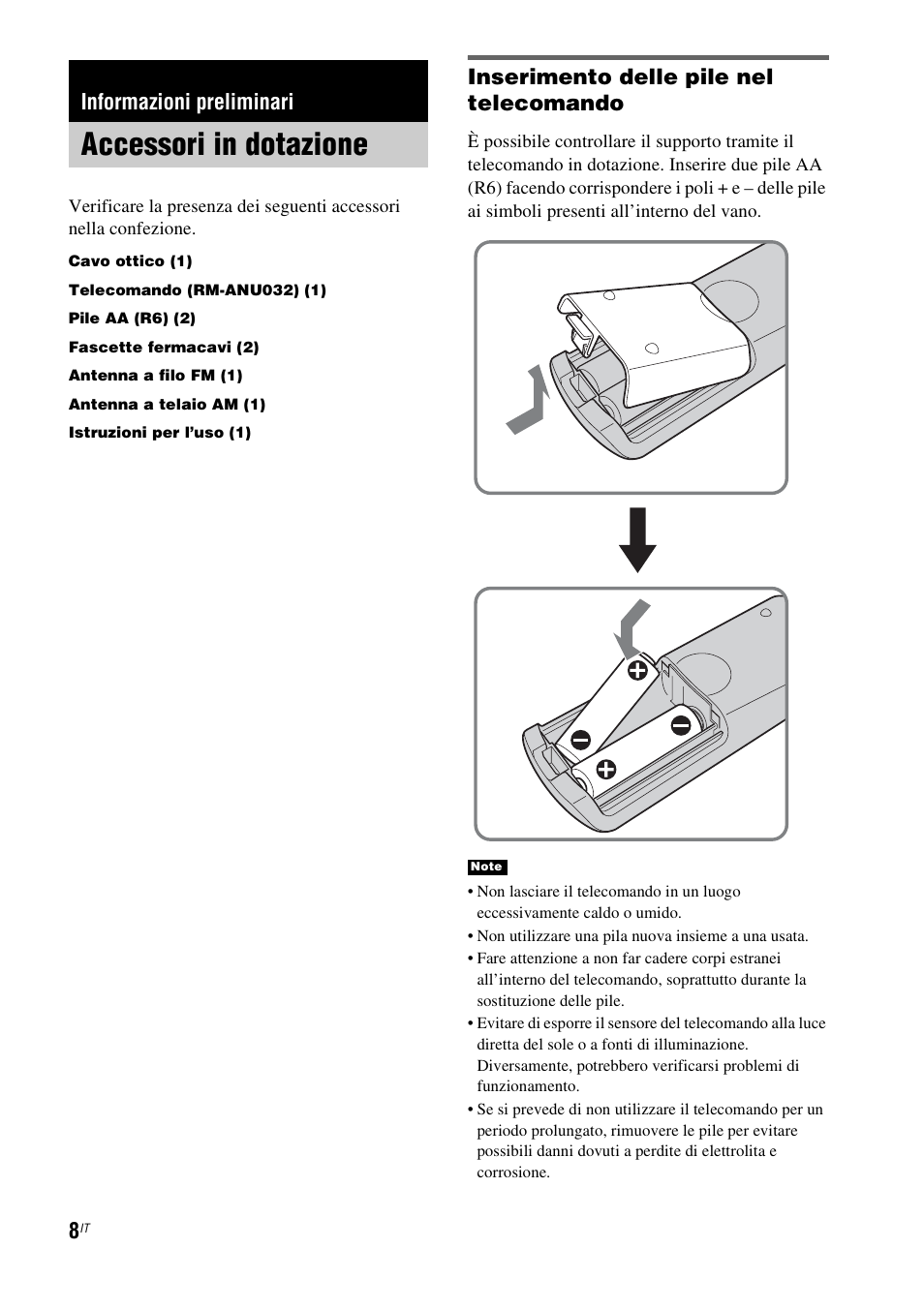 Informazioni preliminari, Accessori in dotazione, Inserimento delle pile nel telecomando | Sony RHT-G1550 User Manual | Page 56 / 196