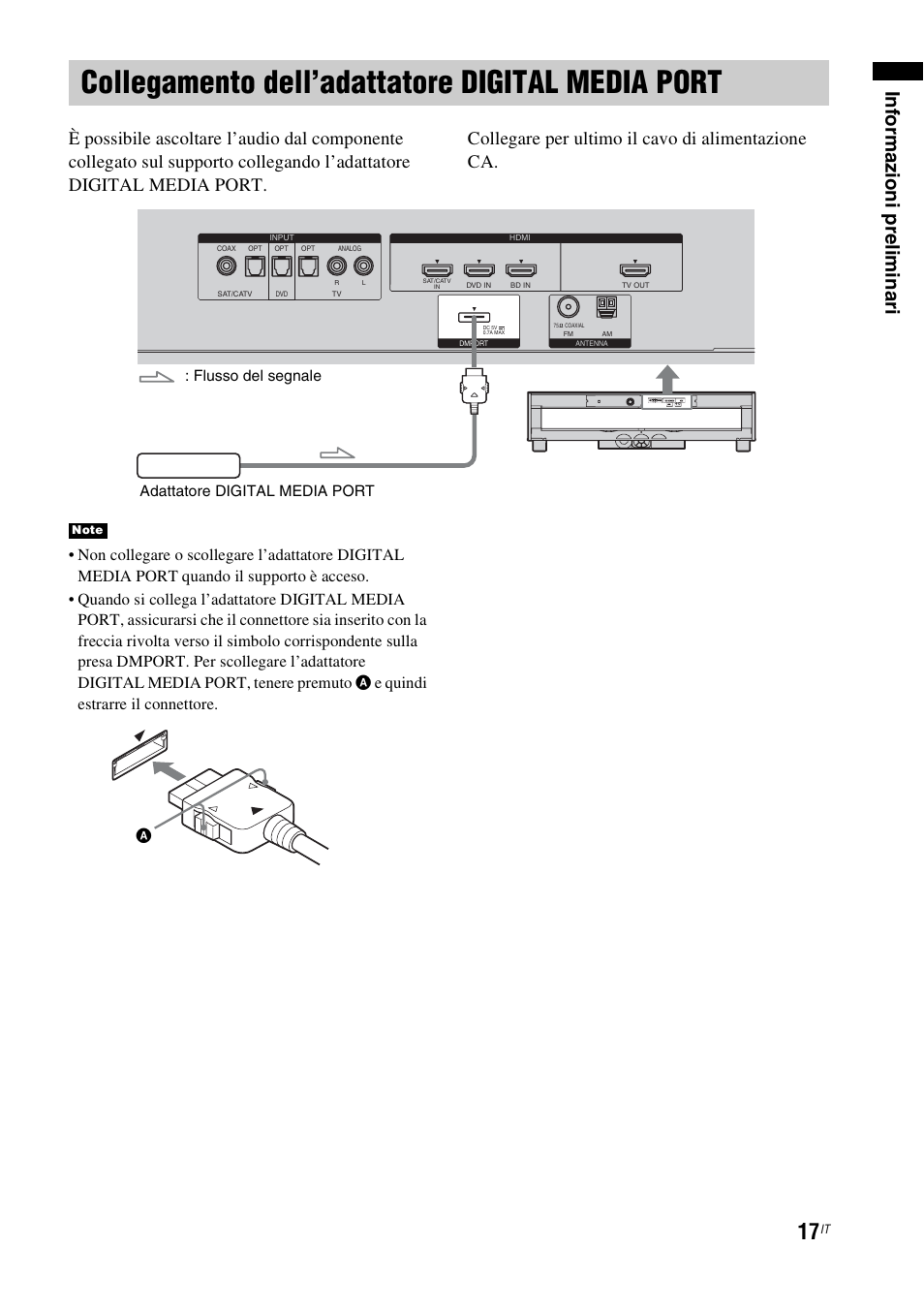 Collegamento dell’adattatore digital media port, Collegamento dell’adattatore digital, Media port | Inf o rm azi oni p relim inari, E quindi estrarre il connettore | Sony RHT-G1550 User Manual | Page 65 / 196