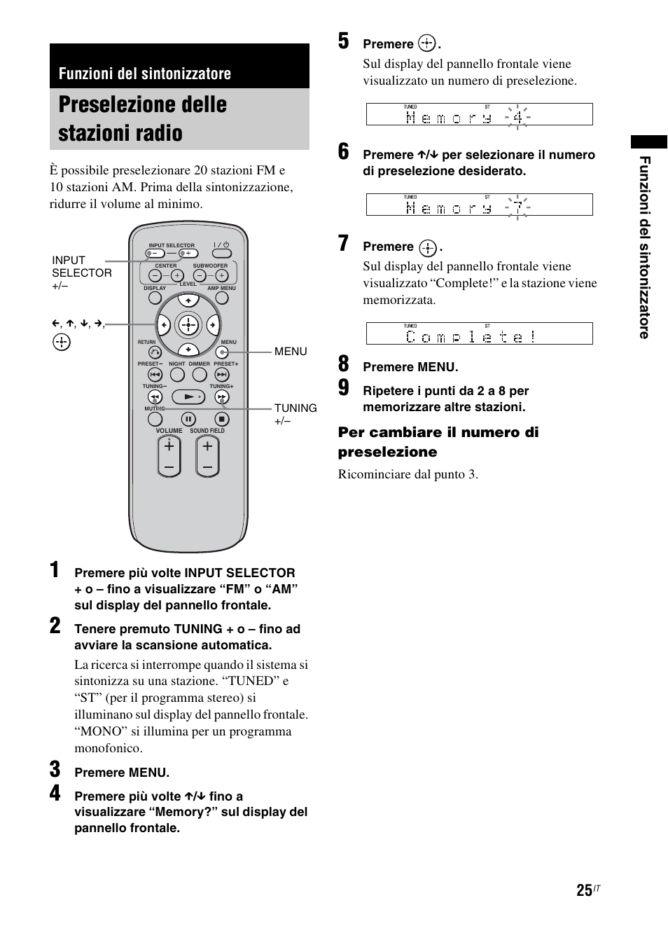 Funzioni del sintonizzatore, Preselezione delle stazioni radio, D (25) | Sony RHT-G1550 User Manual | Page 73 / 196