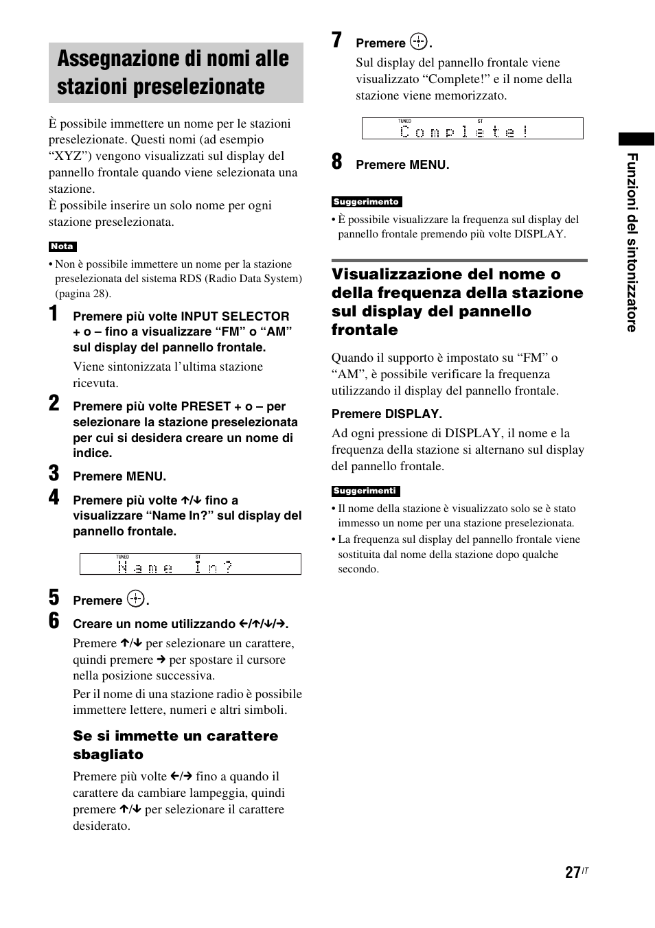 Assegnazione di nomi alle stazioni preselezionate, Assegnazione di nomi alle stazioni, Preselezionate | Sony RHT-G1550 User Manual | Page 75 / 196