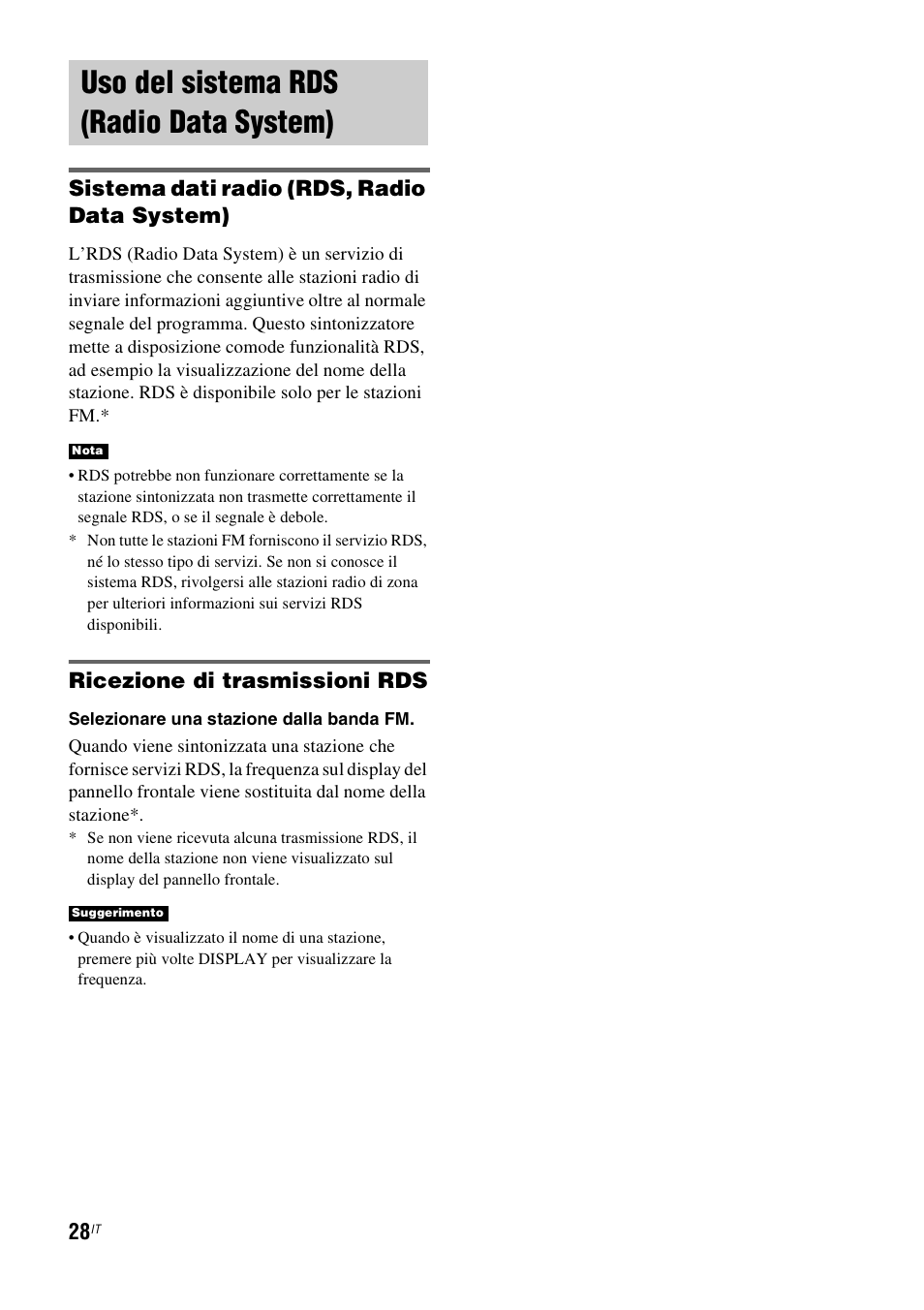 Uso del sistema rds (radio data system), Uso del sistema rds, Radio data system) | Sistema dati radio (rds, radio data system), Ricezione di trasmissioni rds | Sony RHT-G1550 User Manual | Page 76 / 196