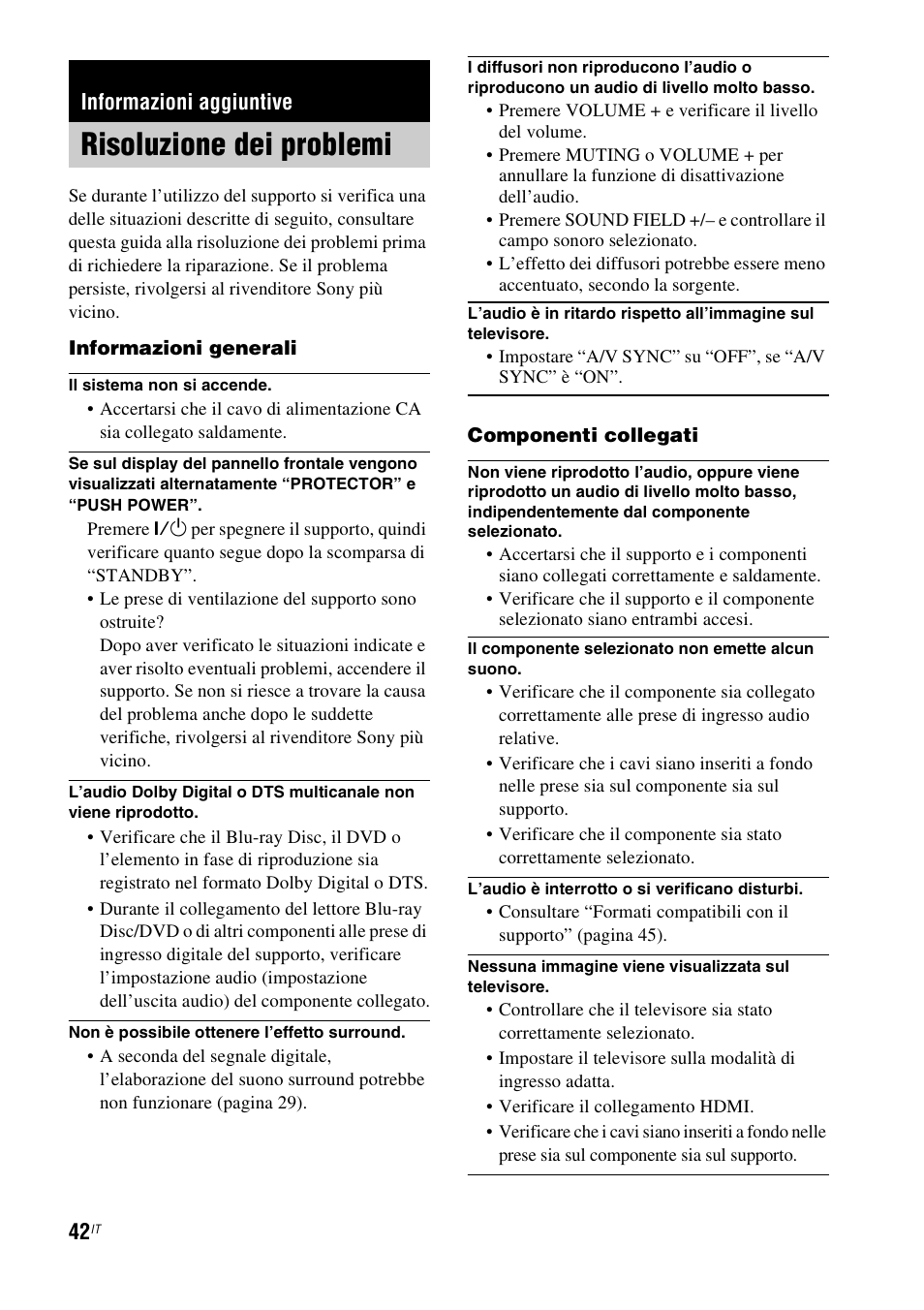 Informazioni aggiuntive, Risoluzione dei problemi | Sony RHT-G1550 User Manual | Page 90 / 196
