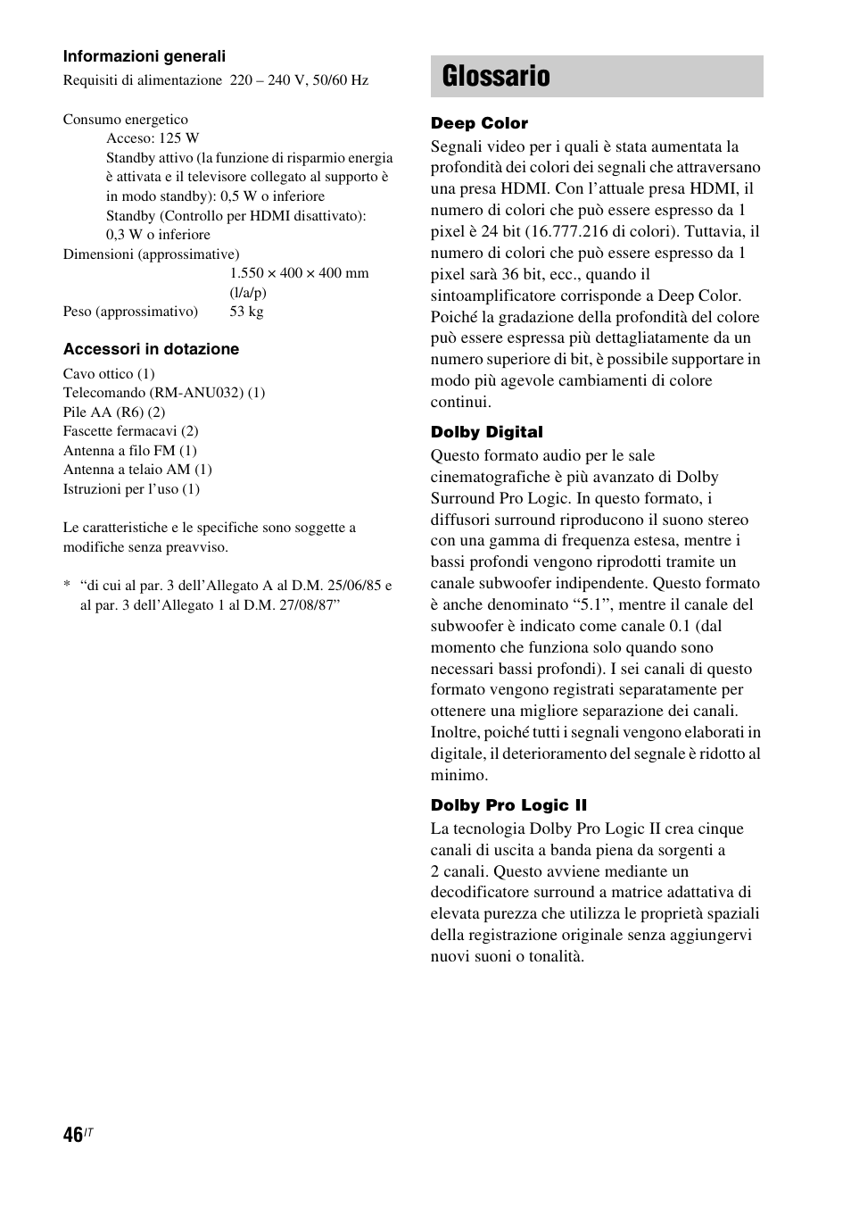 Glossario | Sony RHT-G1550 User Manual | Page 94 / 196