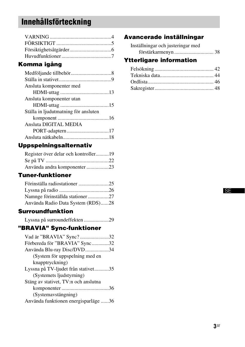 Innehållsförteckning | Sony RHT-G1550 User Manual | Page 99 / 196