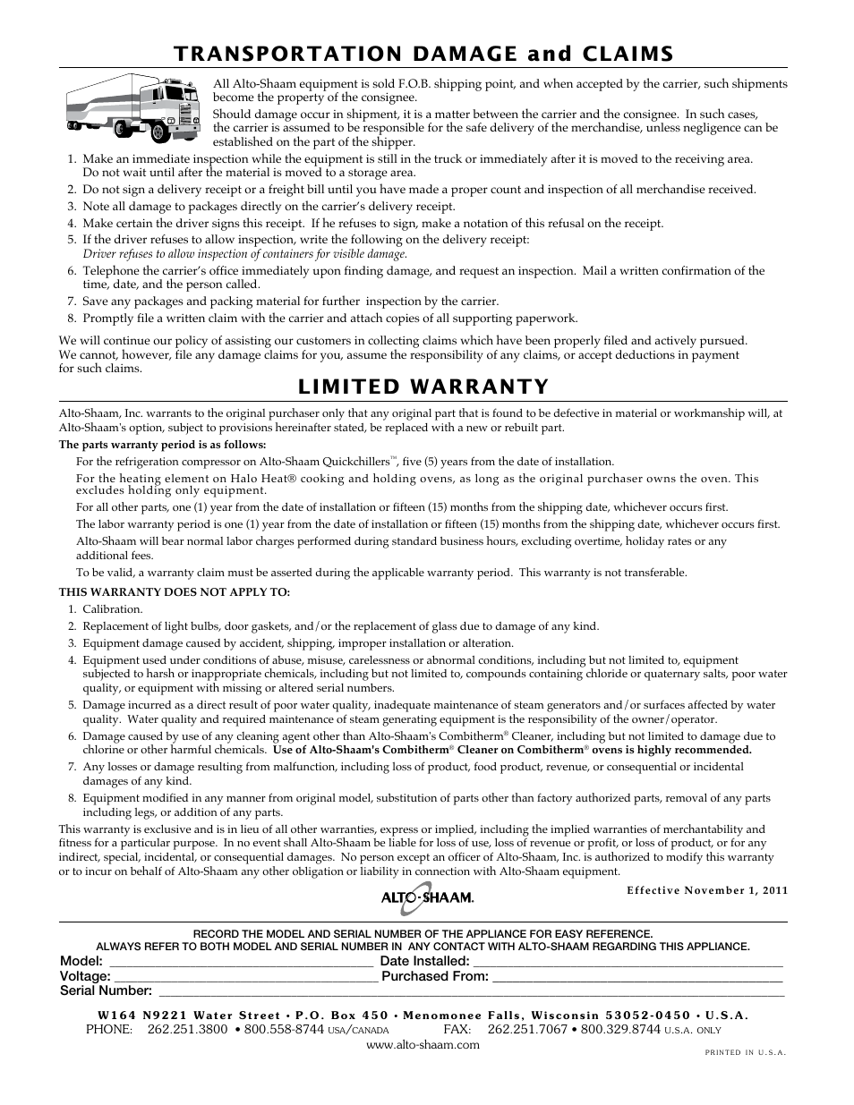 Transportation damage and claims, Limited warranty | Alto-Shaam ECOSMART HFT2SYS-400 User Manual | Page 26 / 26