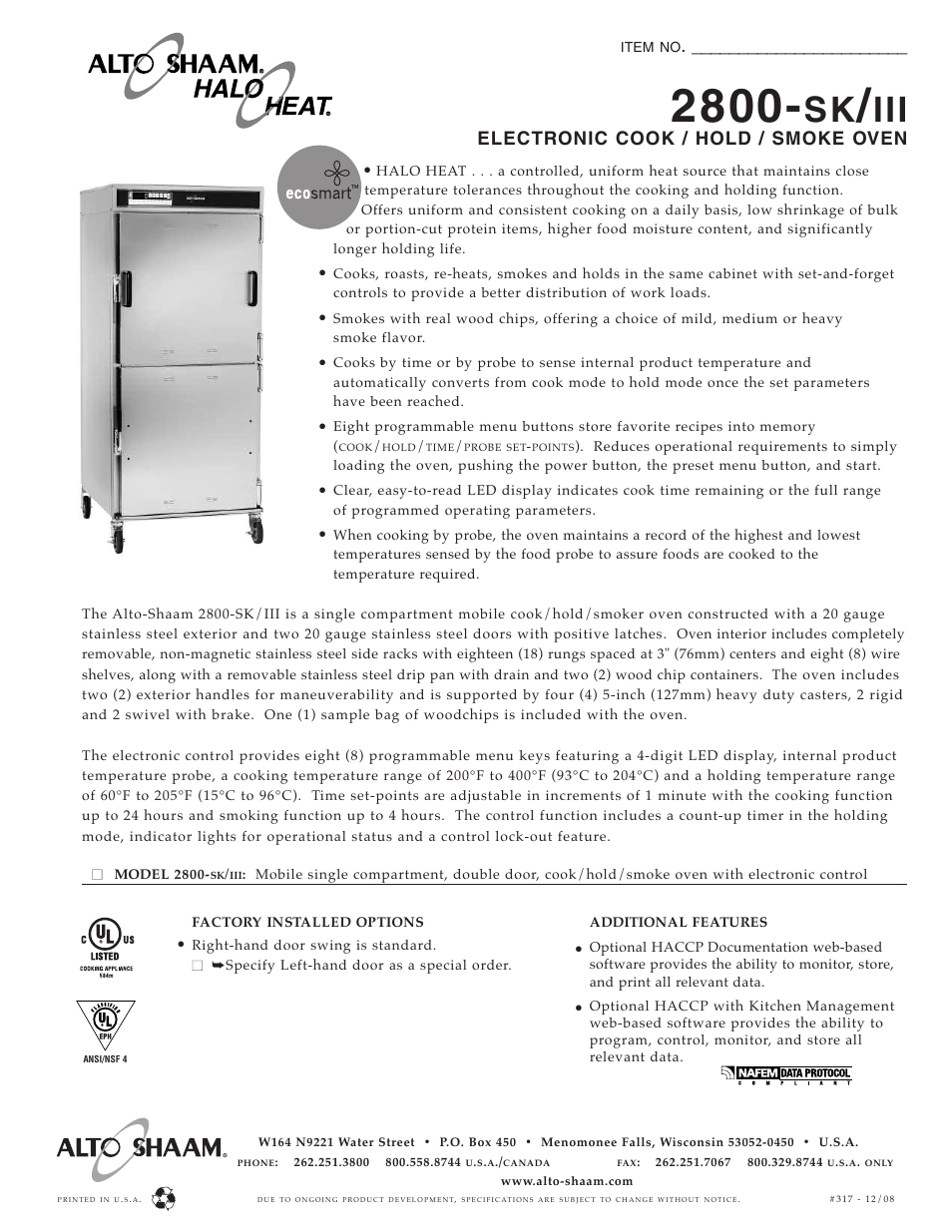 Alto-Shaam 2800-SK/III User Manual | 2 pages