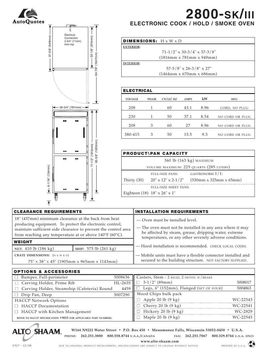 Electronic cook / hold / smoke oven | Alto-Shaam 2800-SK/III User Manual | Page 2 / 2