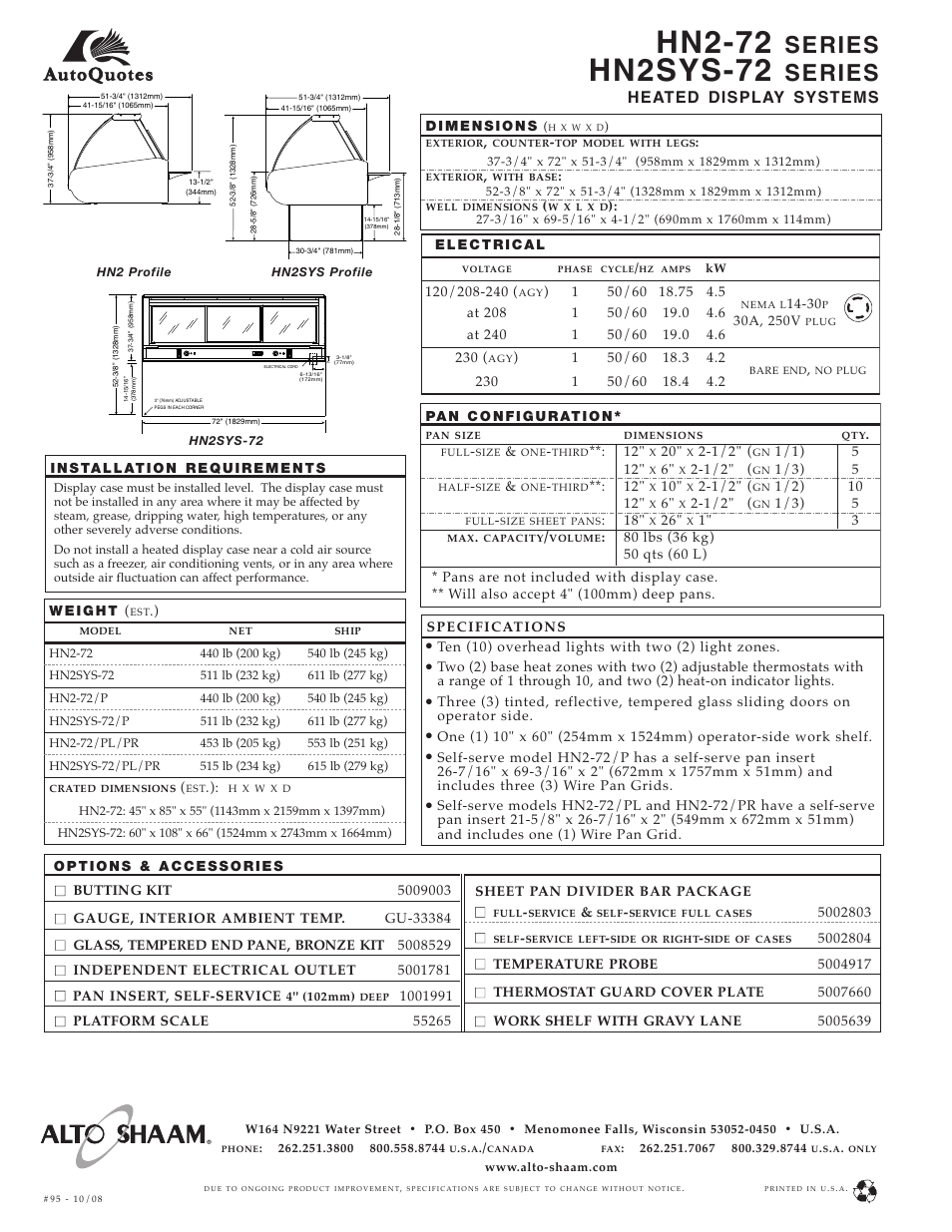 Hn2-72, Hn2sys-72, Series | Heated display systems, Specifications, Ten (10) overhead lights with two (2) light zones | Alto-Shaam HN2SYS-72 User Manual | Page 2 / 2