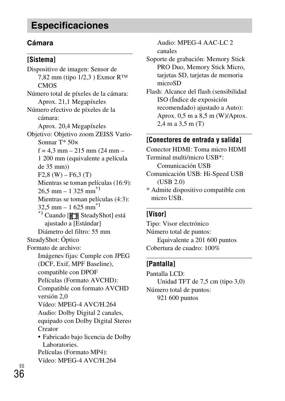 Especificaciones | Sony DSC-HX400V User Manual | Page 150 / 539