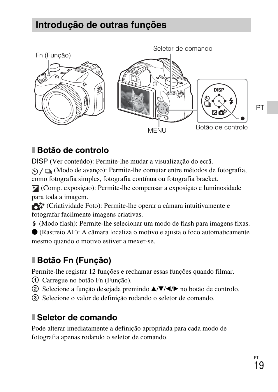 Introdução de outras funções, Xbotão de controlo, Xbotão fn (função) | Xseletor de comando | Sony DSC-HX400V User Manual | Page 171 / 539