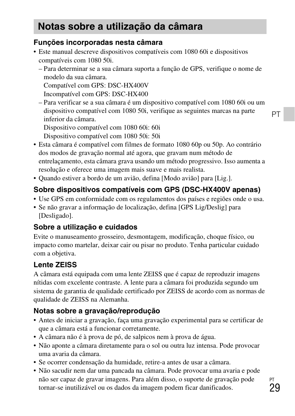 Notas sobre a utilização da câmara | Sony DSC-HX400V User Manual | Page 181 / 539