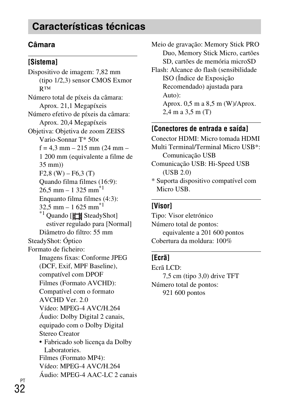 Características técnicas | Sony DSC-HX400V User Manual | Page 184 / 539