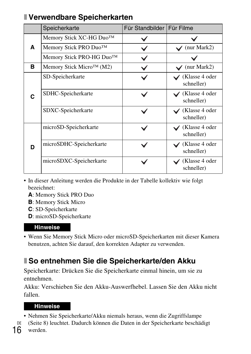 Xverwendbare speicherkarten, Xso entnehmen sie die speicherkarte/den akku | Sony DSC-HX400V User Manual | Page 202 / 539