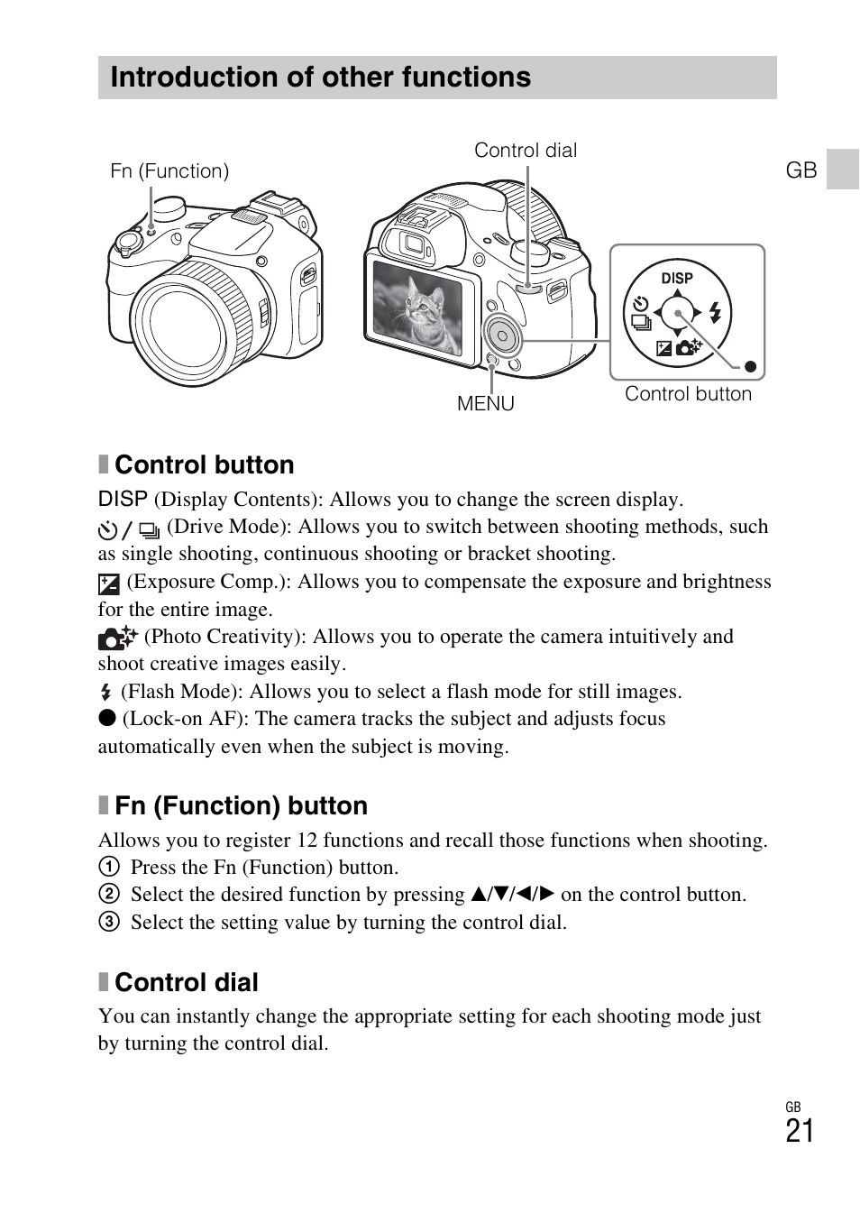 Introduction of other functions, Xcontrol button, Xfn (function) button | Xcontrol dial | Sony DSC-HX400V User Manual | Page 21 / 539