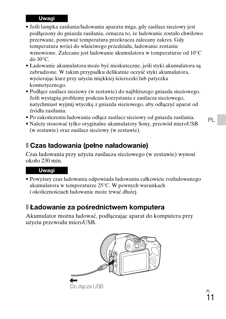 Xczas ładowania (pełne naładowanie), Xładowanie za pośrednictwem komputera | Sony DSC-HX400V User Manual | Page 271 / 539