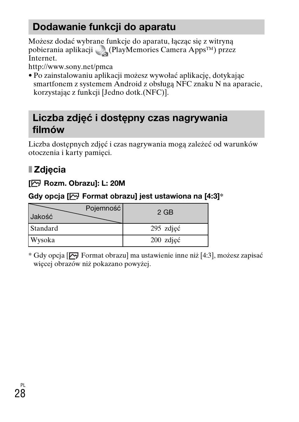 Dodawanie funkcji do aparatu, Liczba zdjęć i dostępny czas nagrywania filmów, Xzdjęcia | Sony DSC-HX400V User Manual | Page 288 / 539