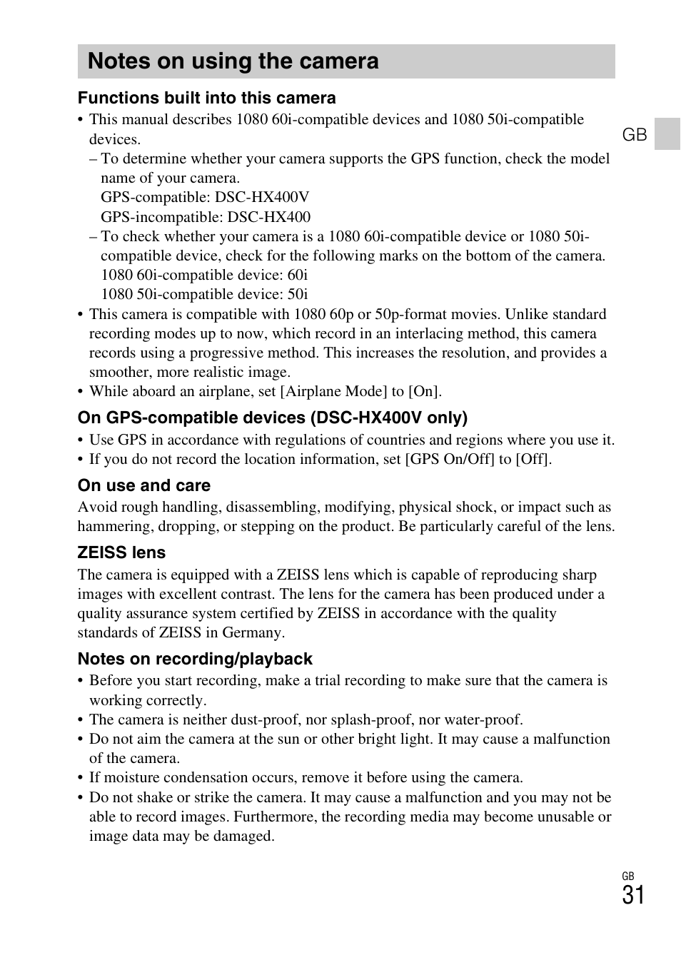 Notes on using the camera | Sony DSC-HX400V User Manual | Page 31 / 539