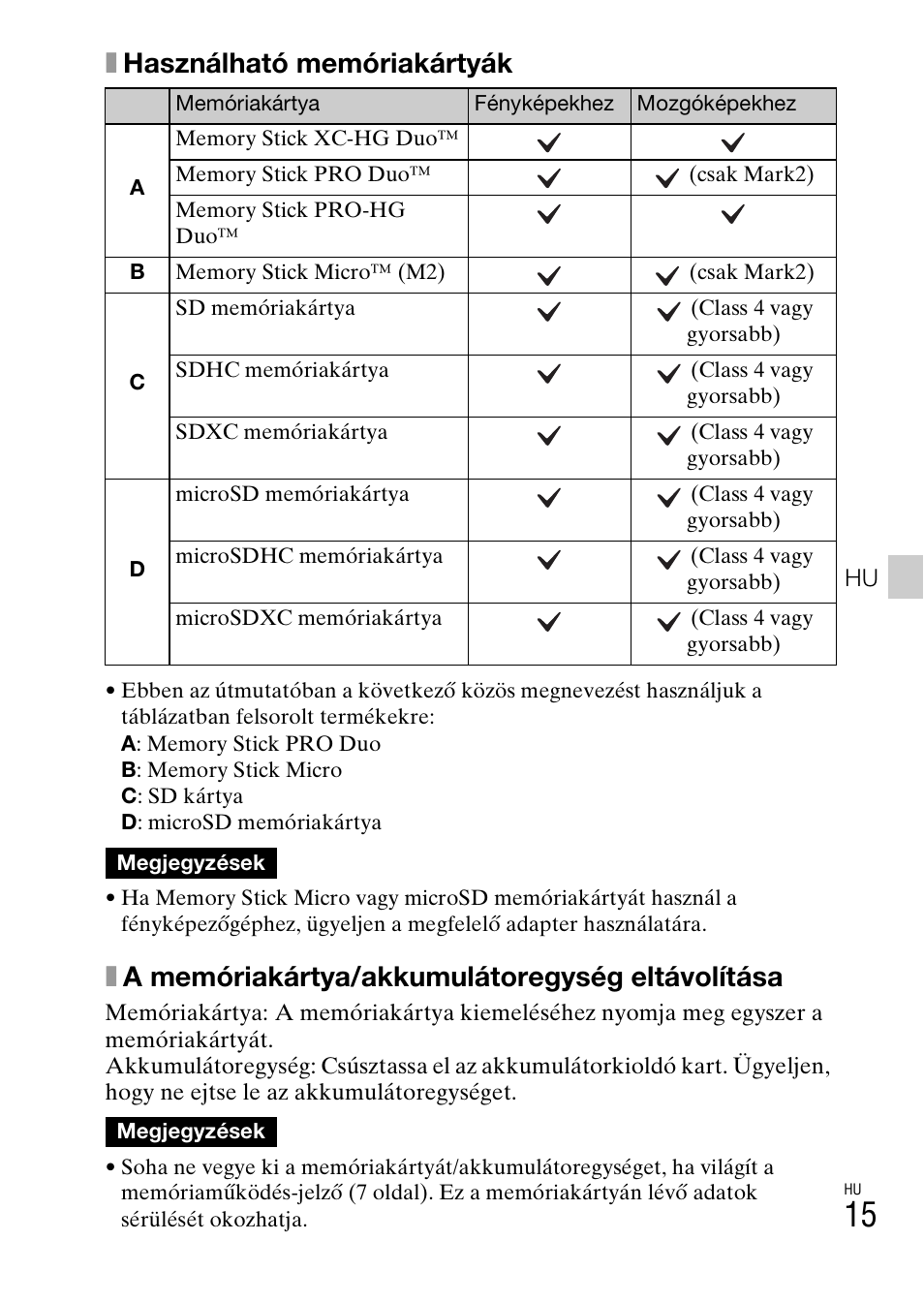 Xhasználható memóriakártyák, Xa memóriakártya/akkumulátoregység eltávolítása | Sony DSC-HX400V User Manual | Page 345 / 539