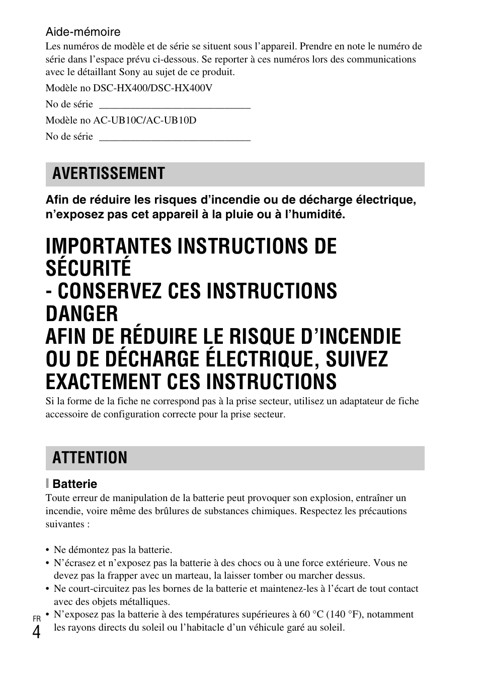 Avertissement attention | Sony DSC-HX400V User Manual | Page 40 / 539