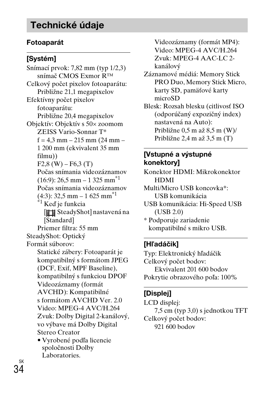 Technické údaje | Sony DSC-HX400V User Manual | Page 400 / 539