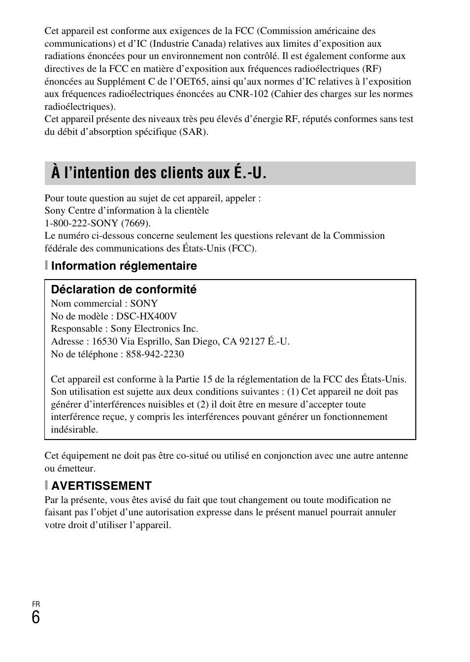 À l’intention des clients aux é.-u | Sony DSC-HX400V User Manual | Page 42 / 539