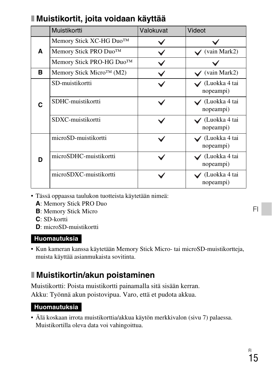 Xmuistikortit, joita voidaan käyttää, Xmuistikortin/akun poistaminen | Sony DSC-HX400V User Manual | Page 451 / 539