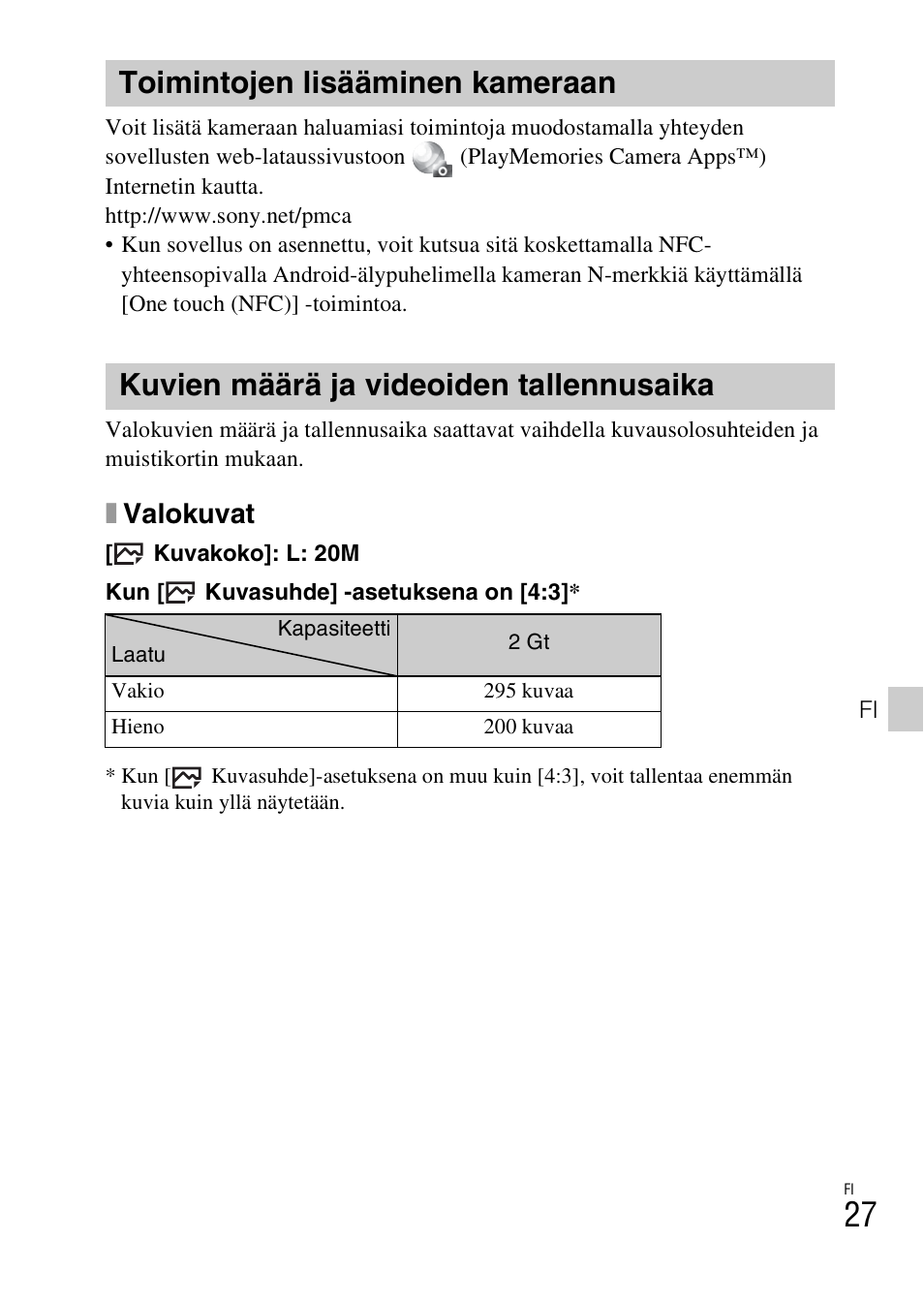 Toimintojen lisääminen kameraan, Kuvien määrä ja videoiden tallennusaika, Xvalokuvat | Sony DSC-HX400V User Manual | Page 463 / 539