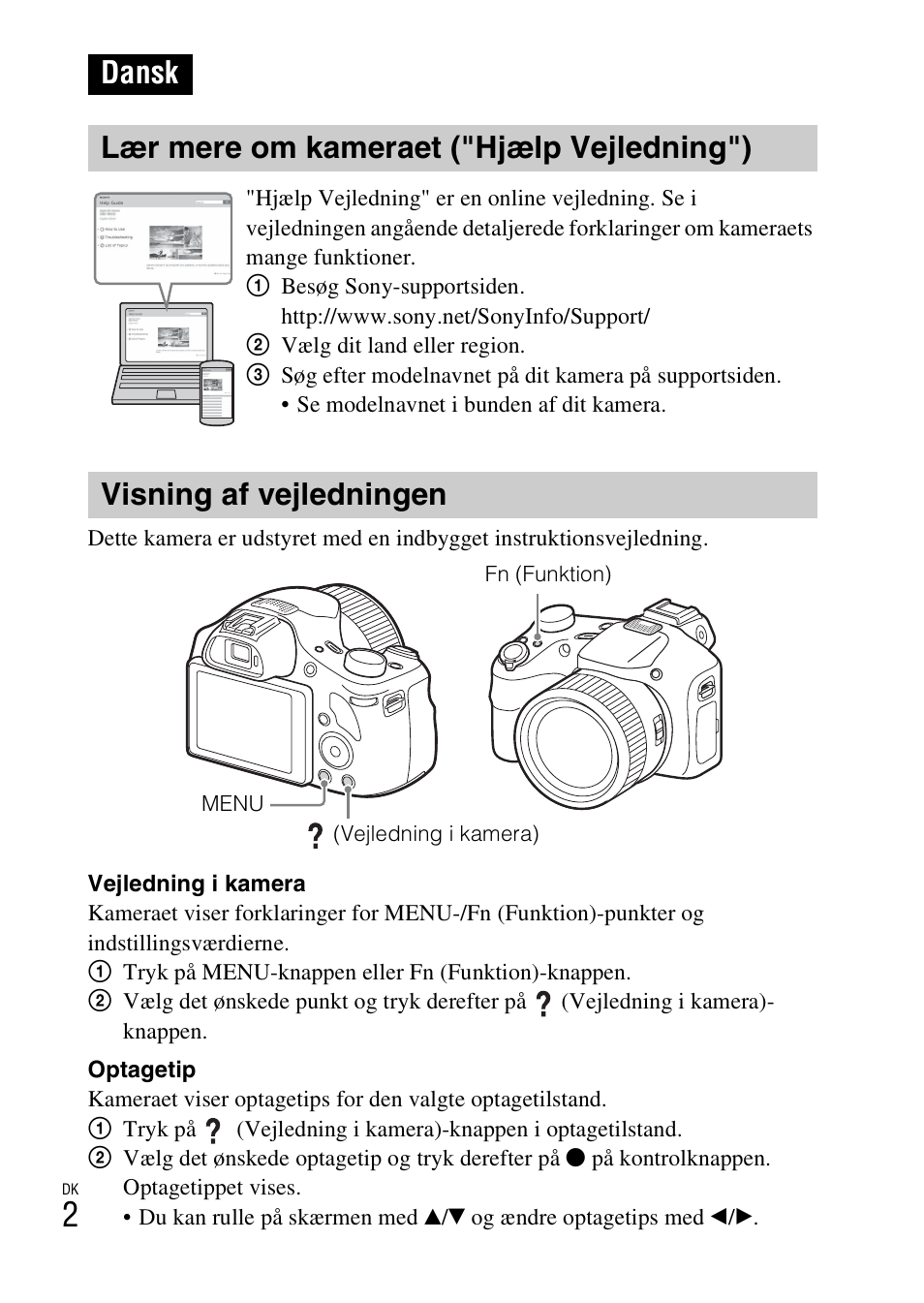 Dansk, Lær mere om kameraet ("hjælp vejledning"), Visning af vejledningen | Dansk lær mere om kameraet ("hjælp vejledning") | Sony DSC-HX400V User Manual | Page 506 / 539