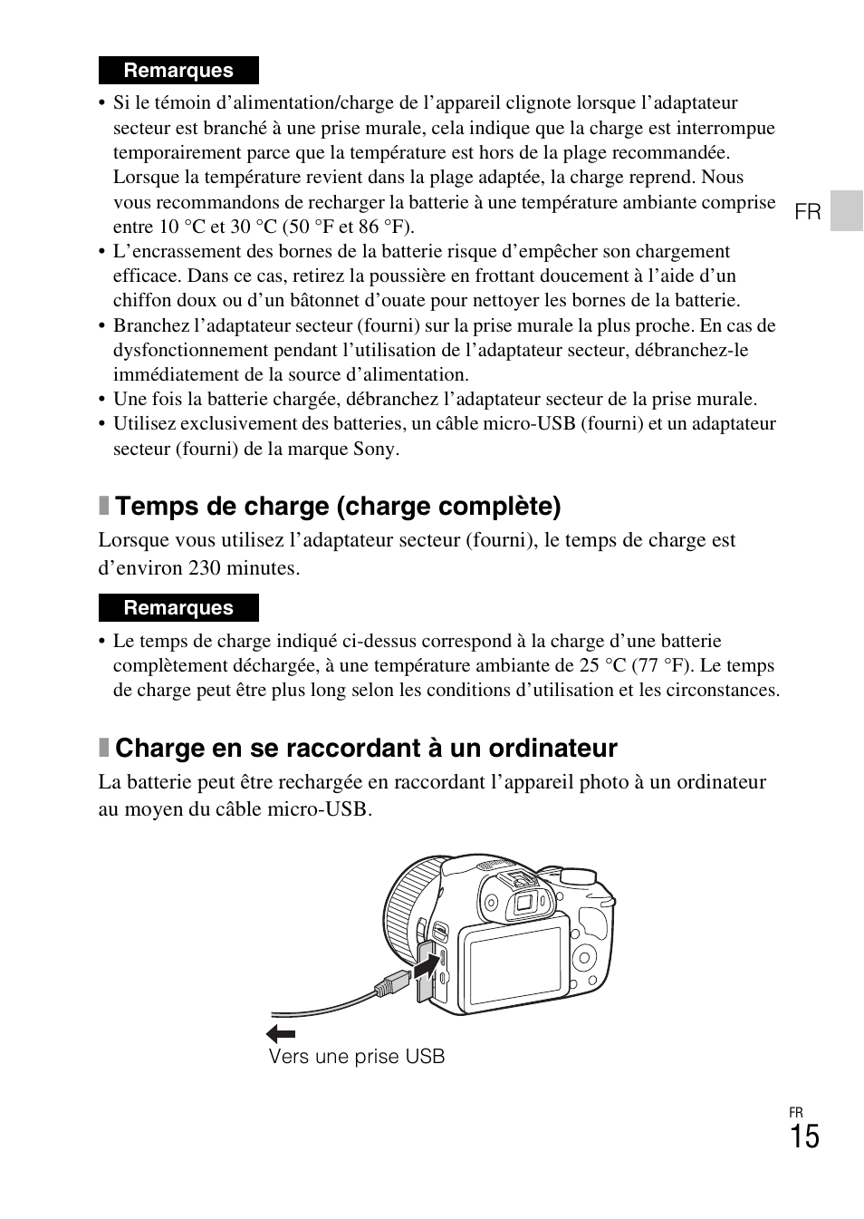 Xtemps de charge (charge complète), Xcharge en se raccordant à un ordinateur | Sony DSC-HX400V User Manual | Page 51 / 539