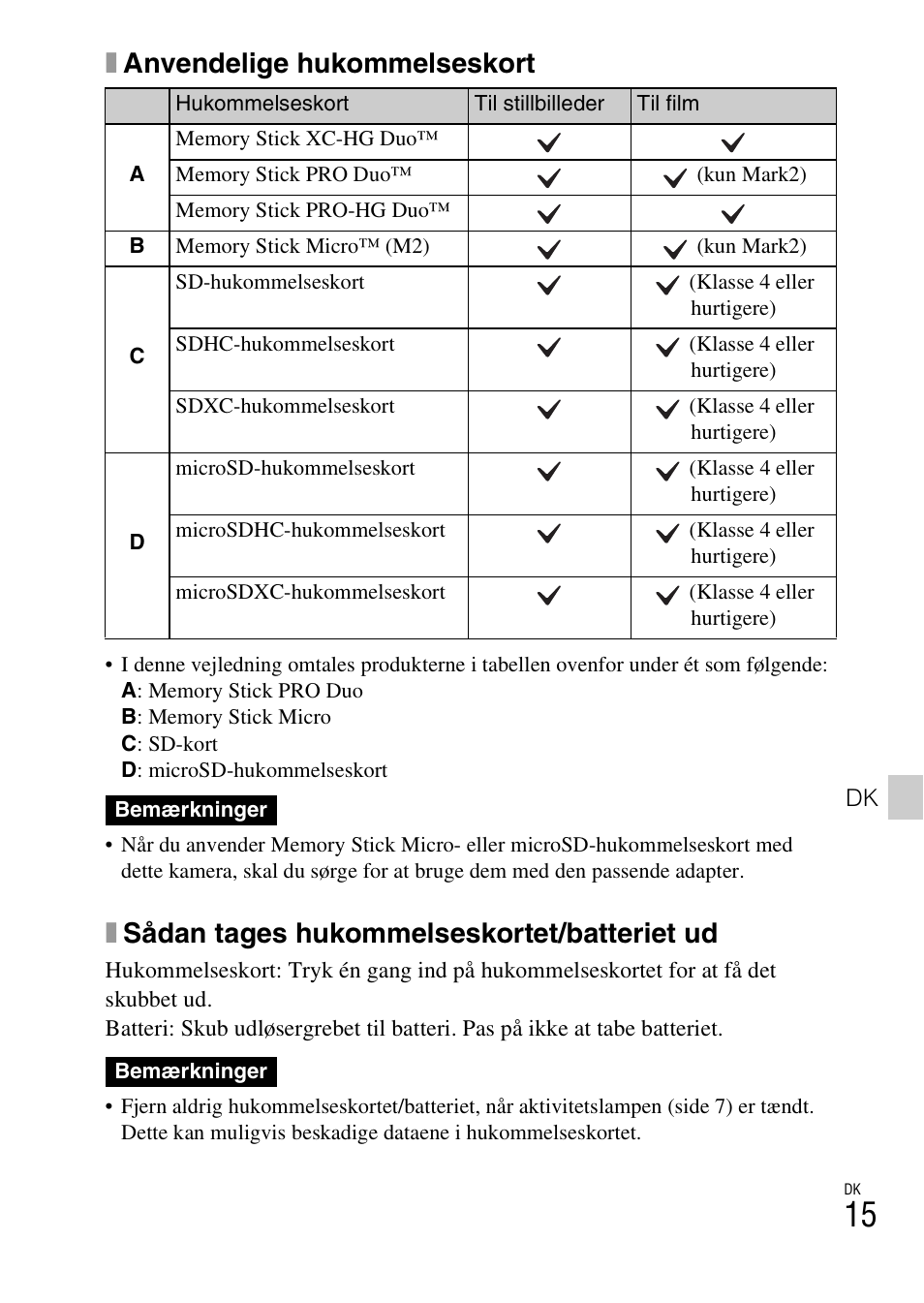 Xanvendelige hukommelseskort, Xsådan tages hukommelseskortet/batteriet ud | Sony DSC-HX400V User Manual | Page 519 / 539