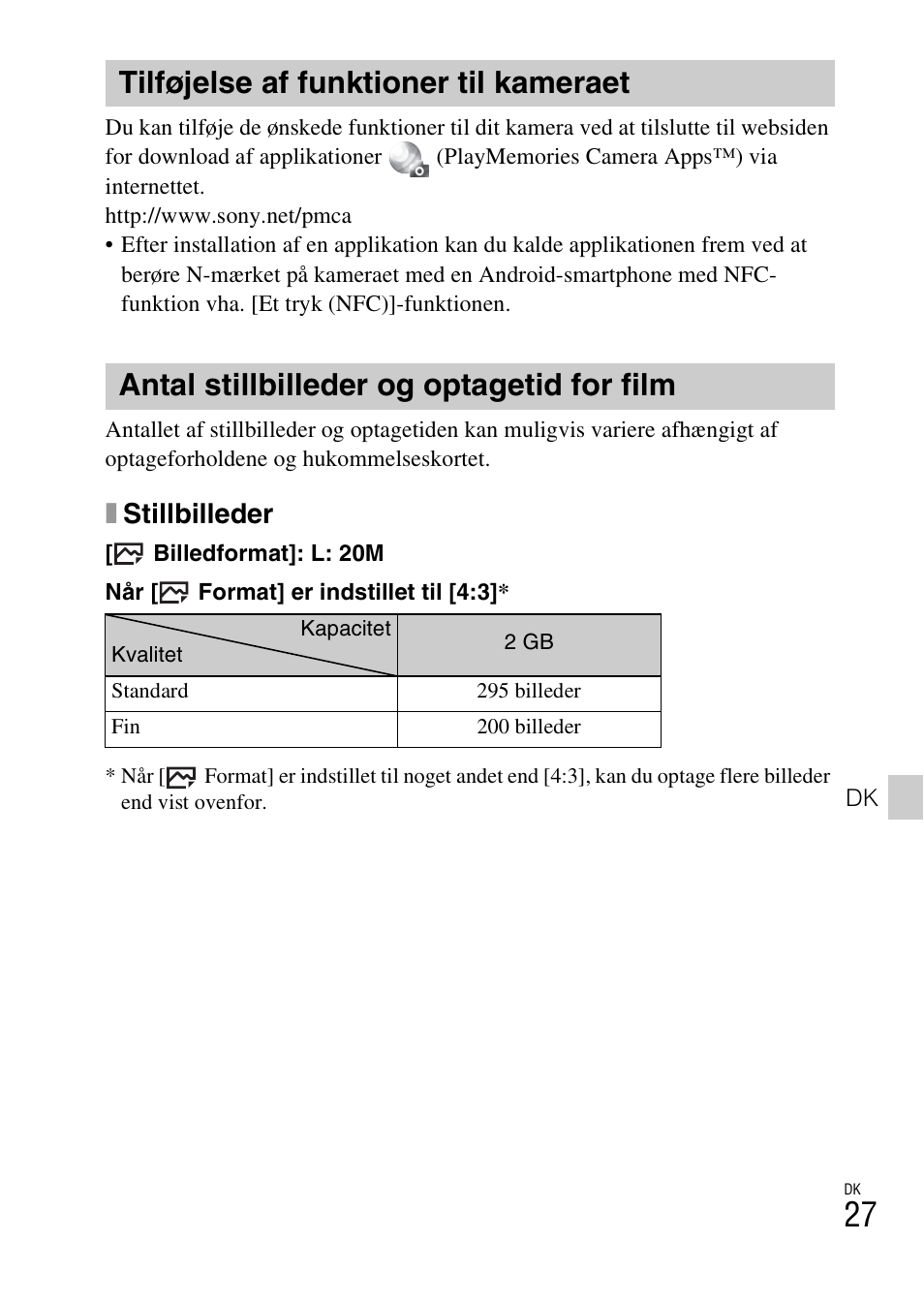 Tilføjelse af funktioner til kameraet, Antal stillbilleder og optagetid for film, Xstillbilleder | Sony DSC-HX400V User Manual | Page 531 / 539