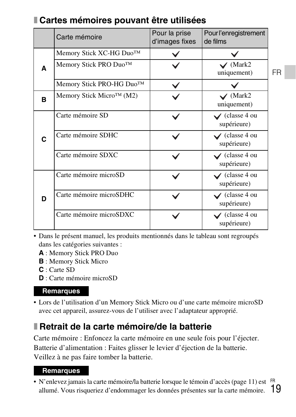 Xcartes mémoires pouvant être utilisées, Xretrait de la carte mémoire/de la batterie | Sony DSC-HX400V User Manual | Page 55 / 539