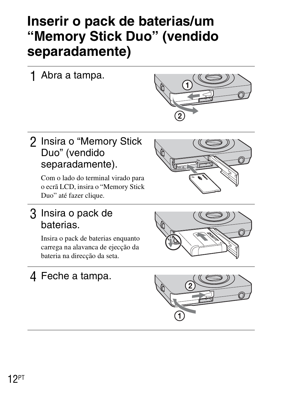 Inserir o pack de baterias/um “memory stick duo, Vendido separadamente) | Sony DSC-WX1 User Manual | Page 108 / 483