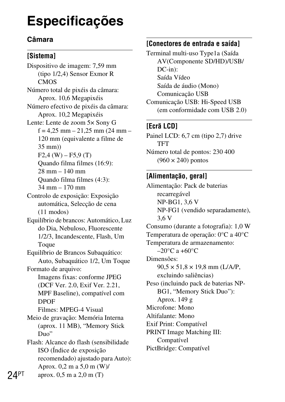 Especificações | Sony DSC-WX1 User Manual | Page 120 / 483