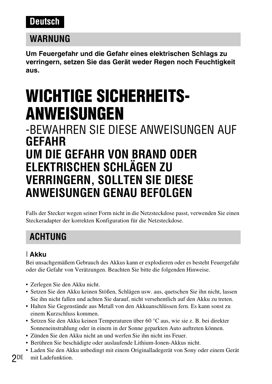 Deutsch, Wichtige sicherheits- anweisungen, Deutsch warnung achtung | Sony DSC-WX1 User Manual | Page 122 / 483