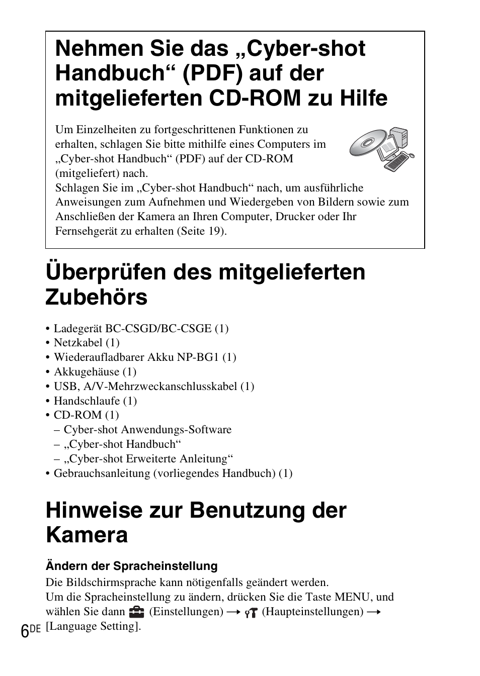 Überprüfen des mitgelieferten zubehörs, Hinweise zur benutzung der kamera, Nehmen sie das „cyber-shot handbuch“ (pdf) auf der | Sony DSC-WX1 User Manual | Page 126 / 483