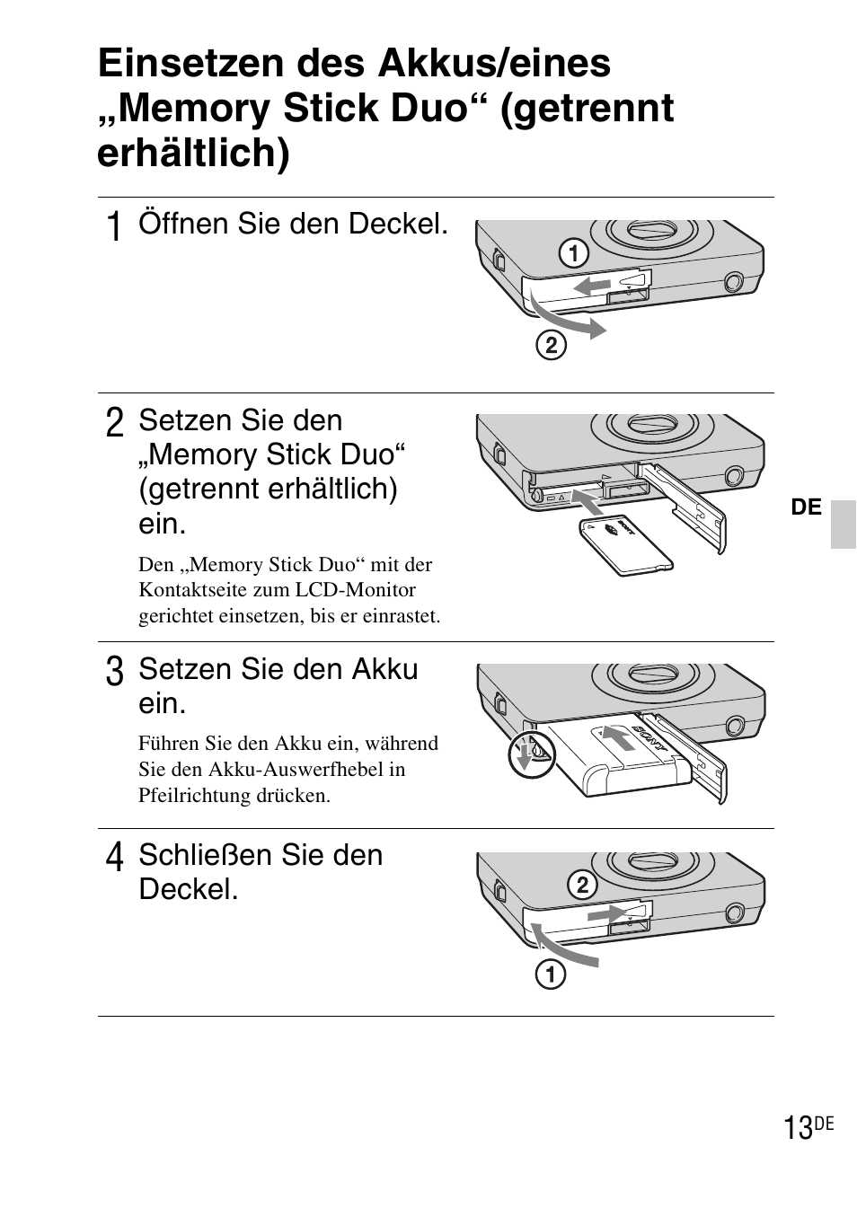 Einsetzen des akkus/eines „memory stick duo, Getrennt erhältlich) | Sony DSC-WX1 User Manual | Page 133 / 483
