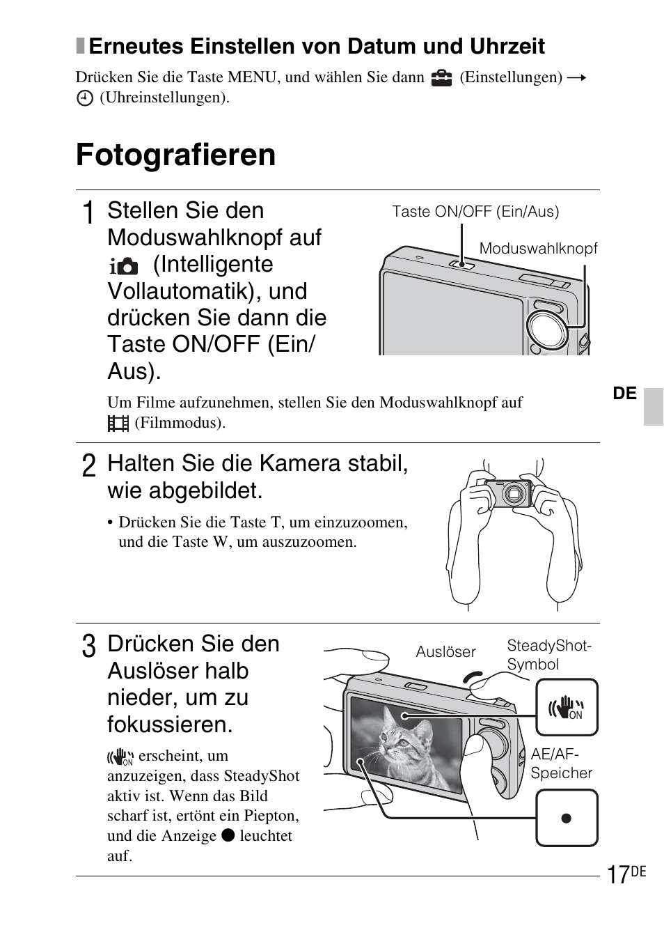 Fotografieren, Fotografieren 1, Halten sie die kamera stabil, wie abgebildet | Sony DSC-WX1 User Manual | Page 137 / 483