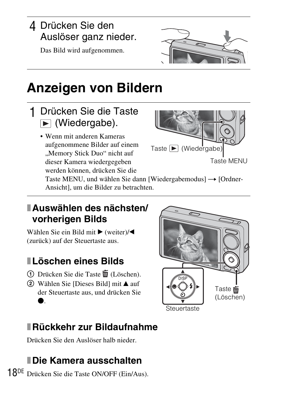 Anzeigen von bildern, Drücken sie den auslöser ganz nieder, Drücken sie die taste (wiedergabe) | Sony DSC-WX1 User Manual | Page 138 / 483