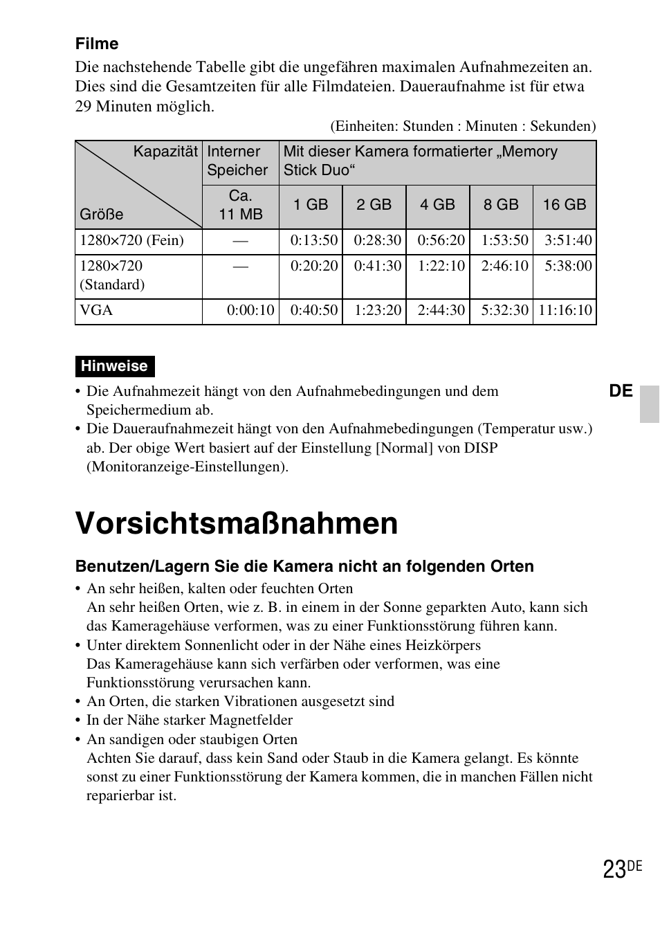 Vorsichtsmaßnahmen | Sony DSC-WX1 User Manual | Page 143 / 483