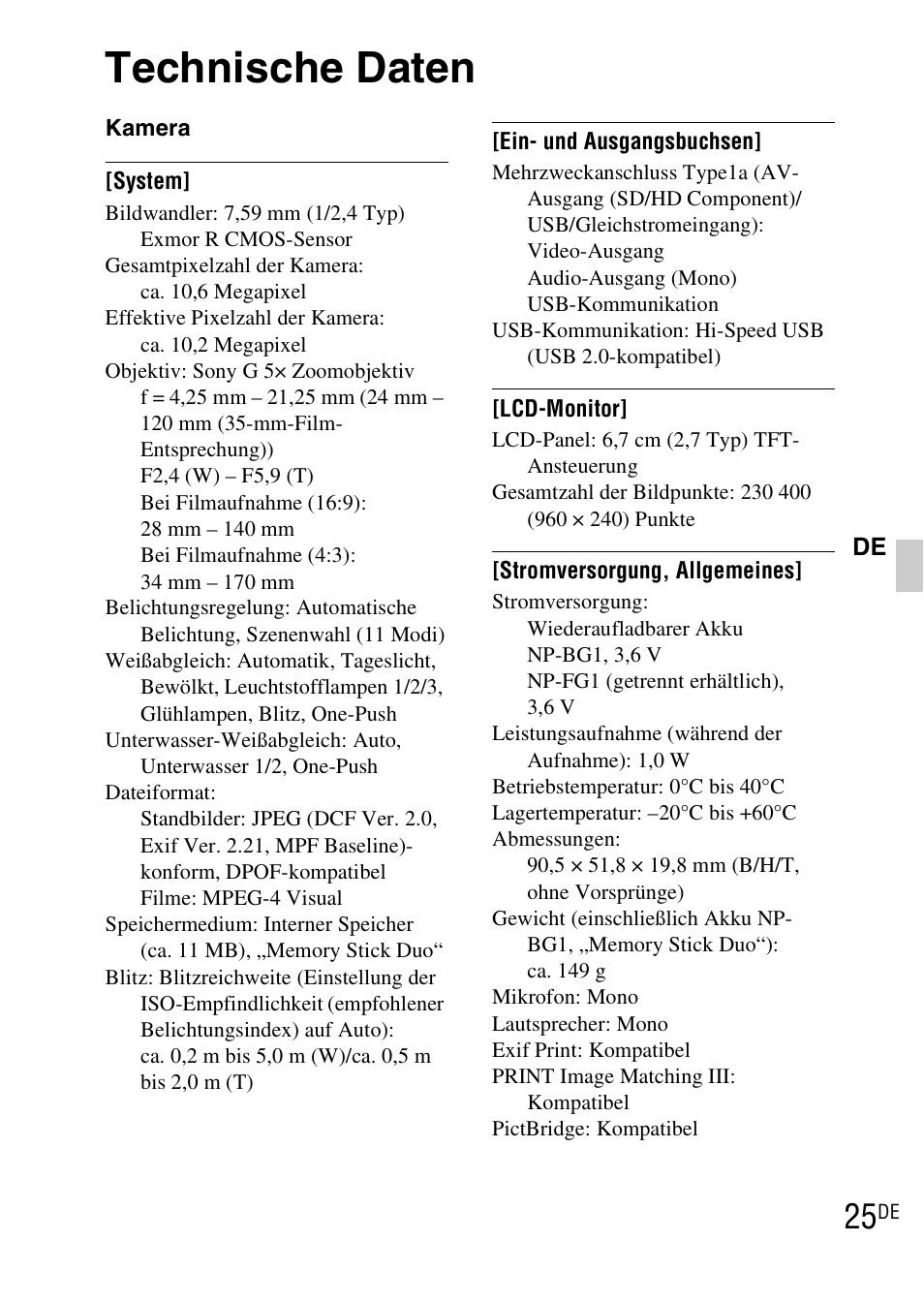 Technische daten | Sony DSC-WX1 User Manual | Page 145 / 483