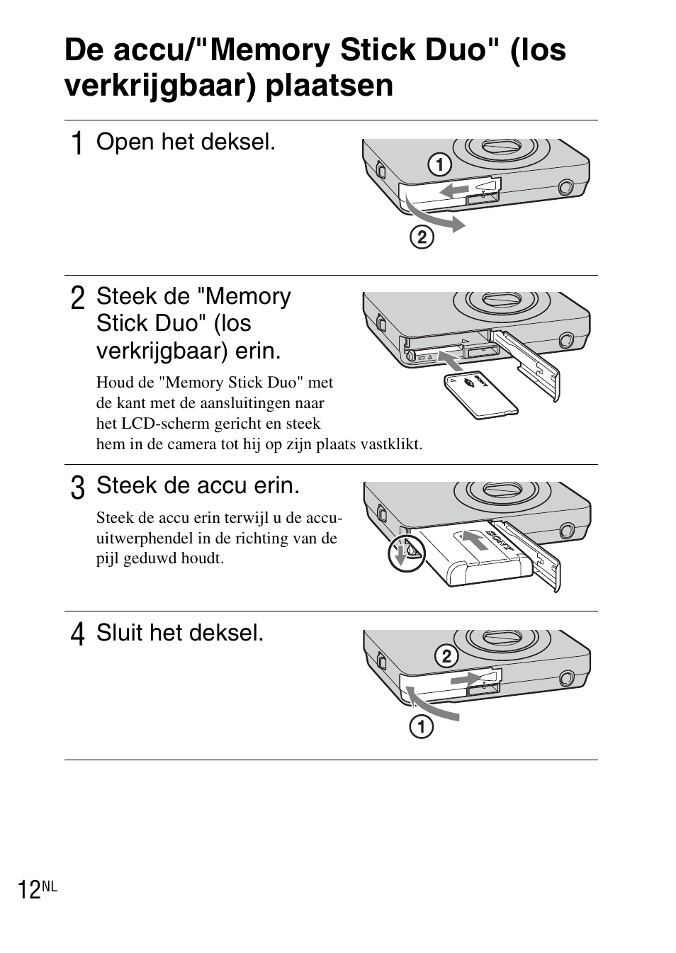 De accu/"memory stick duo" (los verkrijgbaar), Plaatsen | Sony DSC-WX1 User Manual | Page 158 / 483