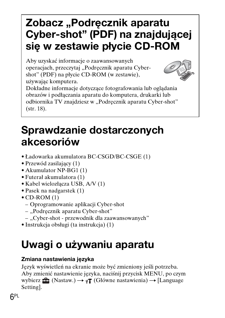 Sprawdzanie dostarczonych akcesoriów, Uwagi o używaniu aparatu | Sony DSC-WX1 User Manual | Page 176 / 483