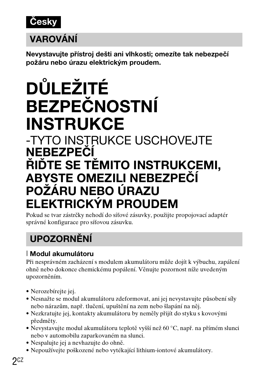 Česky, Důležité bezpečnostní instrukce, Česky varování upozornění | Sony DSC-WX1 User Manual | Page 198 / 483