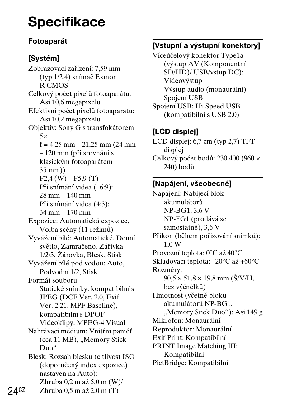 Specifikace | Sony DSC-WX1 User Manual | Page 220 / 483