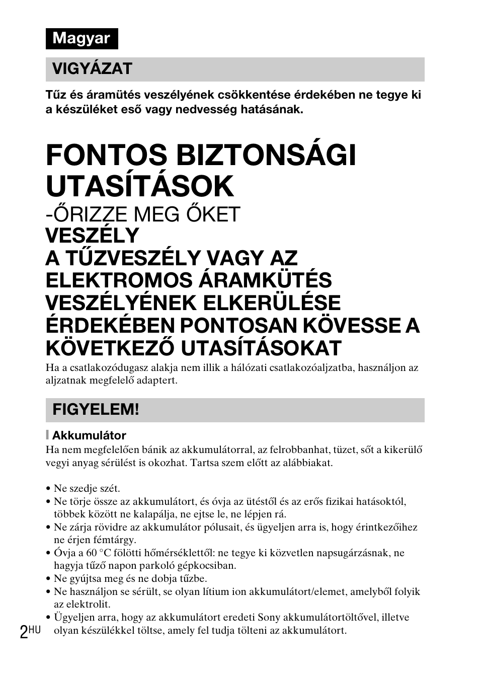 Magyar, Fontos biztonsági utasítások, Magyar vigyázat figyelem | Sony DSC-WX1 User Manual | Page 222 / 483