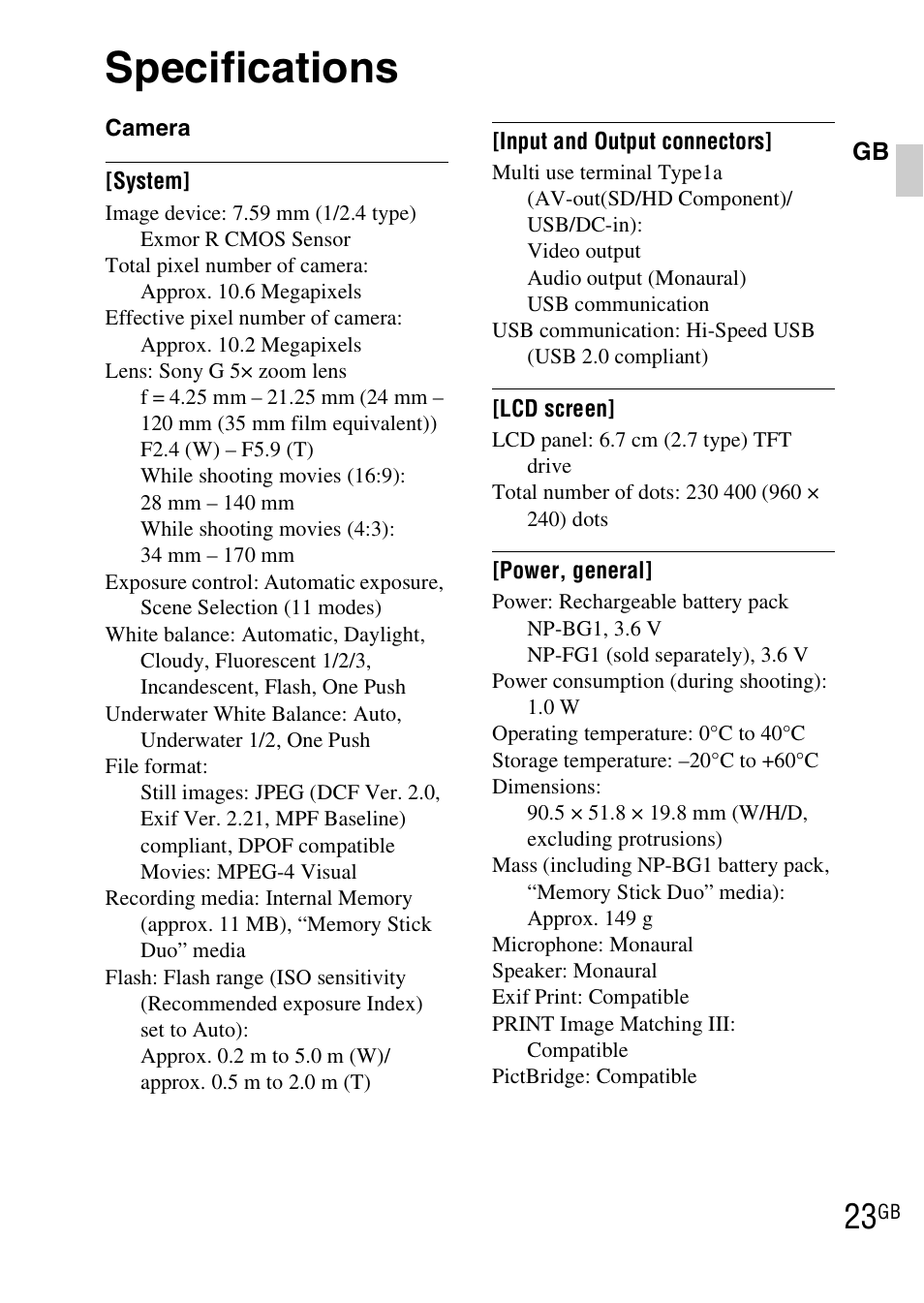 Specifications | Sony DSC-WX1 User Manual | Page 23 / 483